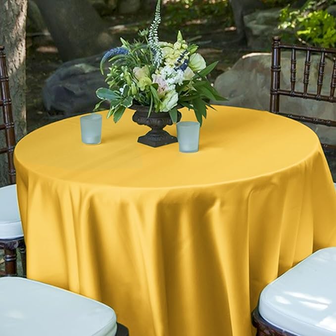 12 Pack 120 Inch Gold Satin Tablecloth - Premium Bright Silky Round Tablecloth Overlay Smooth Fabric Table Cover, Table Decoration for Wedding Party Banquet Events Restaurant Kitchen Dining