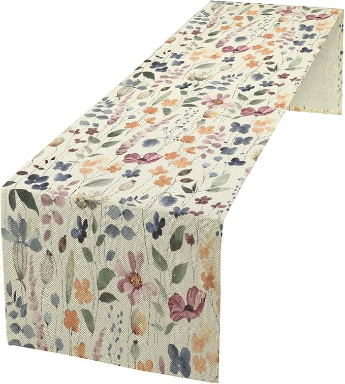 Watercolor Floral Table Runner, Vintage Colorful Floral Natural Style Pattern Decorative Home Restaurant Kitchen Rectangle Table Runner,13in(33cm) W * 60in(152cm) L