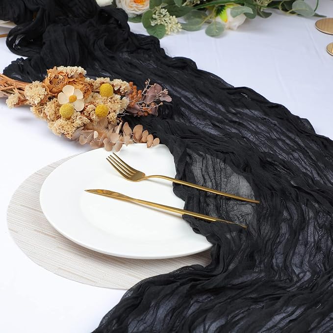 Snowkingdom 6PCS 13 Ft Black Cheesecloth Table Runner, 160 inch Long Cheese Cloth Boho Gauze Runners for Wedding Bridal Baby Shower Birthday Holiday Party Halloween Table Decorations