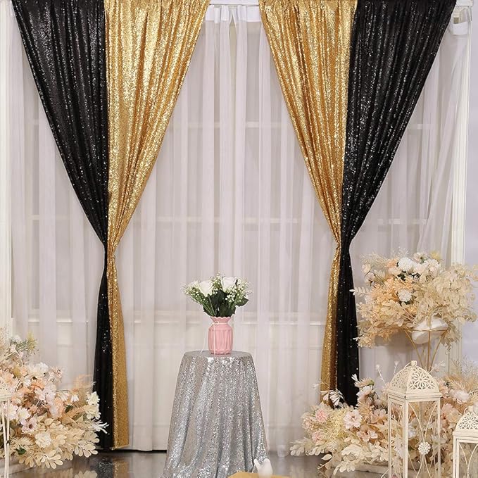 SquarePie Sequin Backdrop Curtain 2FT x 8FT Black for Halloween Party 2 Panels