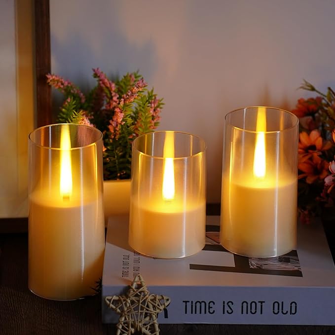 Flameless LED Candles, Upgraded Realistic Flickering Pillar Battery Operated Candles with Remote Timer, Acrylic Electric Set of 3 for Romantic Ambiance and Home Decoration(Ivory)