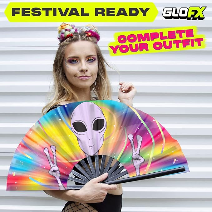 GloFX Rave Fan - Rainbow Alien - Large Folding Fan - Festival Gear for Music Festival Outfits, Rave Enthusiasts, and Cosmic Vibes