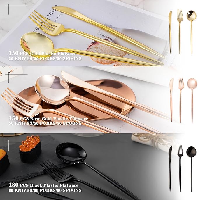 150PCS Gold Plastic Silverware,Heavy Duty Disposable Utensils Include 50 Forks,50 Spoons and 50 Knives,Gold Cutlery Plastic Silverware Sets for Party, Birthday,Wedding