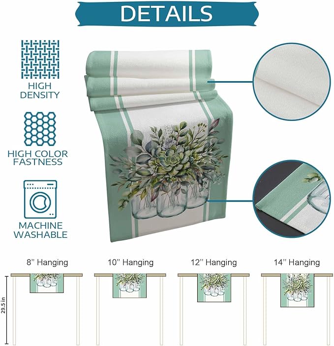 Eucalyptus Cotton Linen Table Runner for Dining Kitchen, Wedding Outdoor Party Tablerunners Decoration, Green Leaves Botanical Plants Watercolor Dresser Scarf Coffee Tablecloth Runners 13x60 Inches
