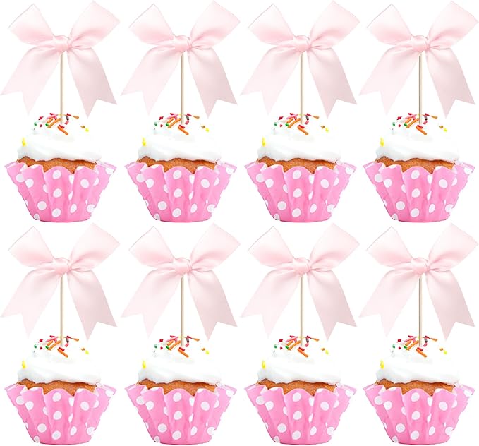 24 PCS Bow Cupcake Toppers Bowknot Coquette Bow Girls Birthday Cake Decorations Bow Cake Toppers Bowknot Cupcake Picks for Baby Shower Birthday Wedding Bridal Engagement Party Supplies Pink