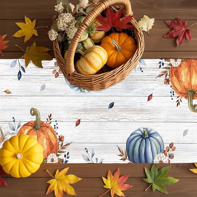 Thanksgiving Fall Cotton Linen Table Runner for Dining Kitchen, Pumpkins Eucalyptus Wedding Outdoor Party Tablerunners Decoration, Farmhouse Wooden Dresser Scarf Coffee Tablecloth Runners 13x36 Inches