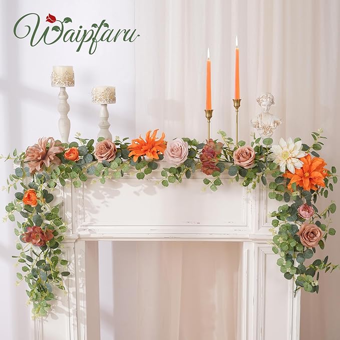 Waipfaru Fall Garland Decor, 6.07Ft Eucalyptus Flower Garland with Terracotta Flowers for Wedding Arch Backdrop Wall Thanksgiving Decorations