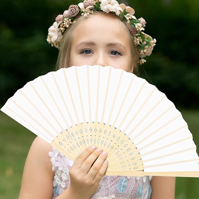 URATOT 24 Pieces White Folding Fans Silk Bamboo Folding Fans Handheld Fan for Wedding, Party Decoration