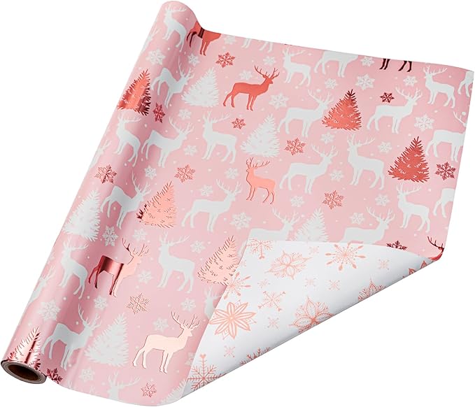 LeZakaa Christmas Pink Wrapping Paper Jumbo Roll, Reindeer & Snowflake, Metallic Foil, Rose Gold Foil Reversible Design for Festive Winter Holiday, Family Gathering, 30 inches x 32.8 Feet