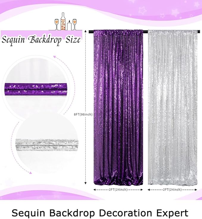 ShinyBeauty Purple and Silver Sequin Backdrop Curtains, 4 Panels 2FTx8FT, Photograph Backdrop Sparkle Backdrop Luxurious Wedding Birthday Background Drapes