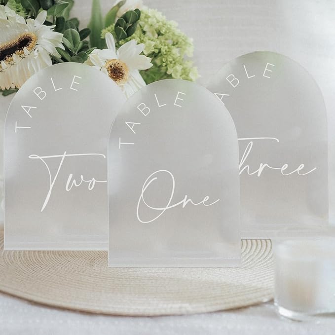JINMURY Frosted Arch Wedding Table Numbers 1-10 with Stands, 5x7 Inch Frosted Arch Acrylic Sign with White Letters, Arched Acrylic Table Numbers for Wedding Reception