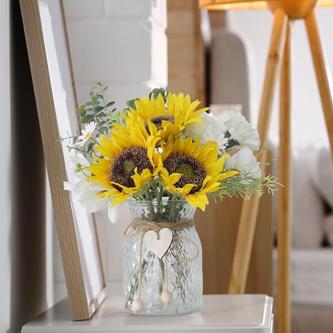 Artificial Sunflower Bouquets in Vase with a Flower Arrangement Holder - Centerpieces for Dining Room & Coffee Table Decor