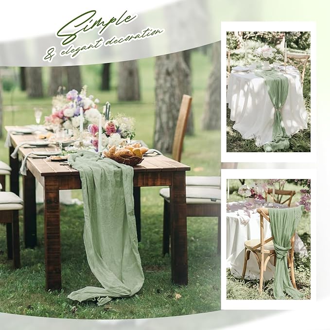 Aktor 4 Pack Sage Green Table Runner Boho Cheesecloth Table Runner Semi Sheer Gauze Fabric Runners for Wedding Birthday Baby Shower Party Boho Table Decoration(Sage Green)
