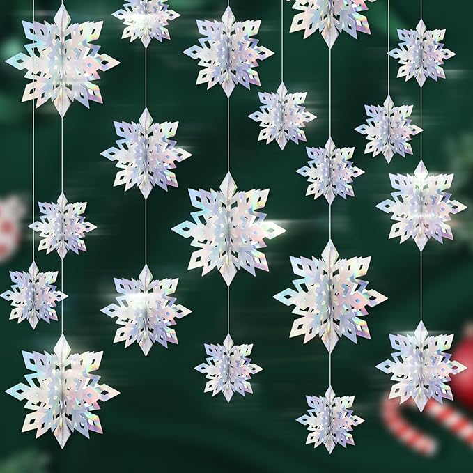 Benbilry 3D Hanging Snowflake Decorations for Christmas Tree, 24pcs 3 Size Winter Wonderland Decorations for Frozen Birthday Party, Christmas Home Decor - Iridescent
