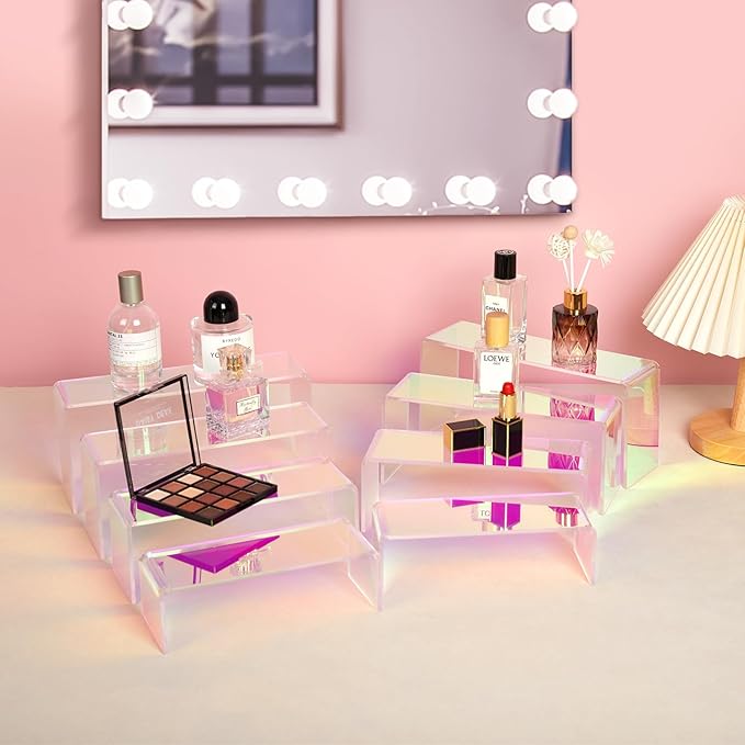 Iridescent Acrylic Display Risers, 8pcs Rainbow Display Stand Rectangular Stands Showcase Transparent Display Shelf for Dessert Cupcake Collectibles Figures Jewelry Perfume (Iridescent-8pcs)