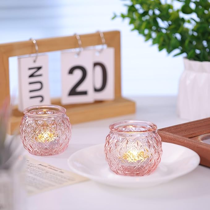DARJEN 12Pcs Pink Votive Candle Holders - Round Glass Candle Holders for Flameless LED Tea Waxes, Romantic Candle Holder for Wedding & Home Table Decor, Various Parties
