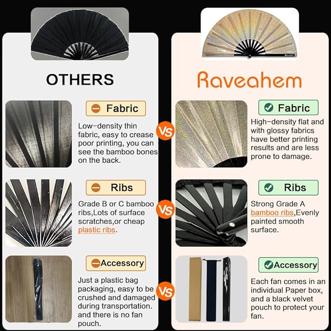 Large Rave Fan, Clack Folding Hand Fan with Premium Fabric, Thick Bamboo Frame for Men Women Gift for EDM, Festival, Club, Party, Dance, Decoration (Lridescent Beige, 13")