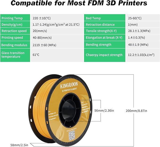 Kingroon Orange PLA Filament 1.75mm 3D Printer Filament Orange Pla Filament 1kg Filament Dimensional Accuracy +/- 0.02mm, Fit Most FDM Printer