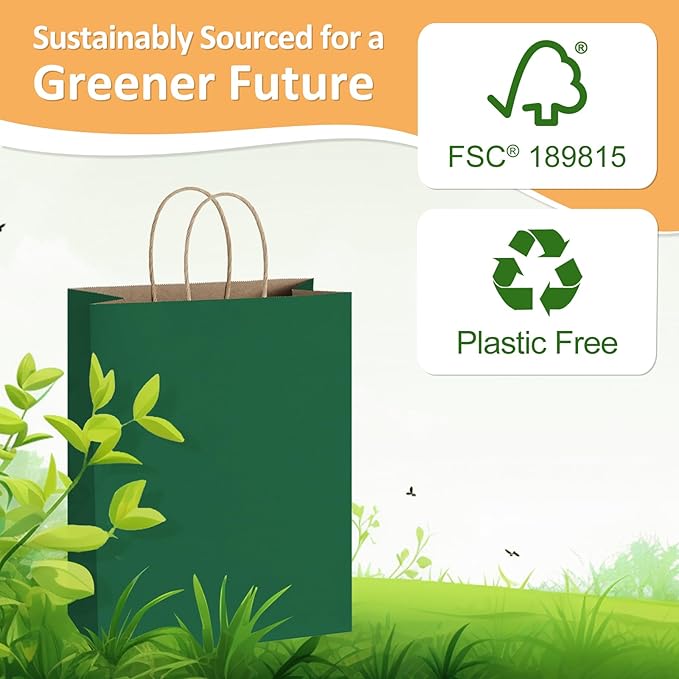 BagDream Forest Green Paper Bags with Handles Bulk 10x5x13 Inch 100Pcs Large Kraft Paper Gift Bags for Christmas, Thanksgiving, Outings, Craft, Retail, Grocery, Shopping, Recyclable