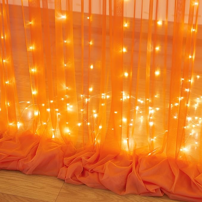 Orange Tulle Backdrop Curtain with Lights String for Parites 10x10ft Sheer Backdrop Curtains Drapes for Birthday Party Baby Shower Wedding Ceremony Prom Halloween Photo Booth Background Decorations