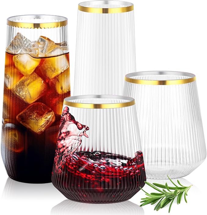 mwellewm 48 Pcs Plastic Wine Glasses Disposable, Cocktail Glasses Set 9 OZ Stemless Champagne Flutes 12 OZ Ribbed Origami Ripple Reusable Party Cup for Wedding Home Office Bar Drinking(Gold Rim)