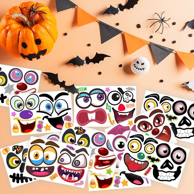 48Packs Pumpkin Decorating Kit, Make Your Own Small Pumpkin face Stickers, Halloween Pumpkin Decorating Stickers for Kids Halloween Party Favors