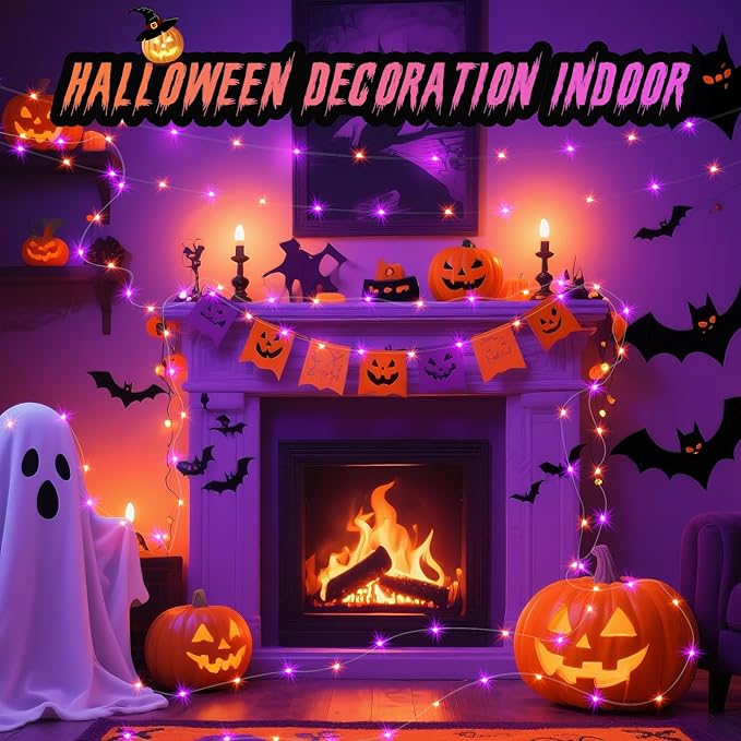 ZGWJ 24 Pack Halloween Fairy Lights Battery Operated, 7ft 20 Mini LED Halloween Fairy String Lights Silver Wire 3 Modes Waterproof for DIY, Parties, Bedroom Decorations Orange& Purple