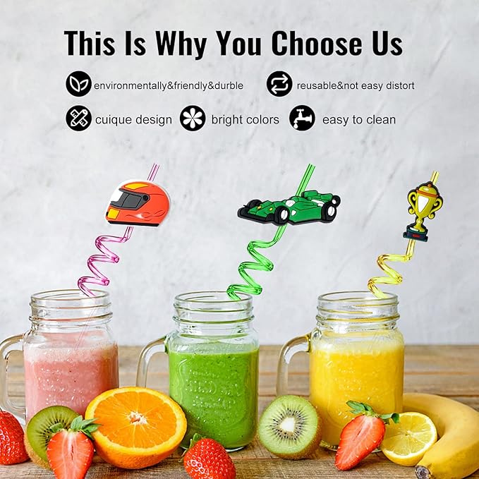24Pcs Race Car Reusable Straws Party Decorations Birthday Party Supplies Drink Markers with 2Pcs Cleaning Brushes