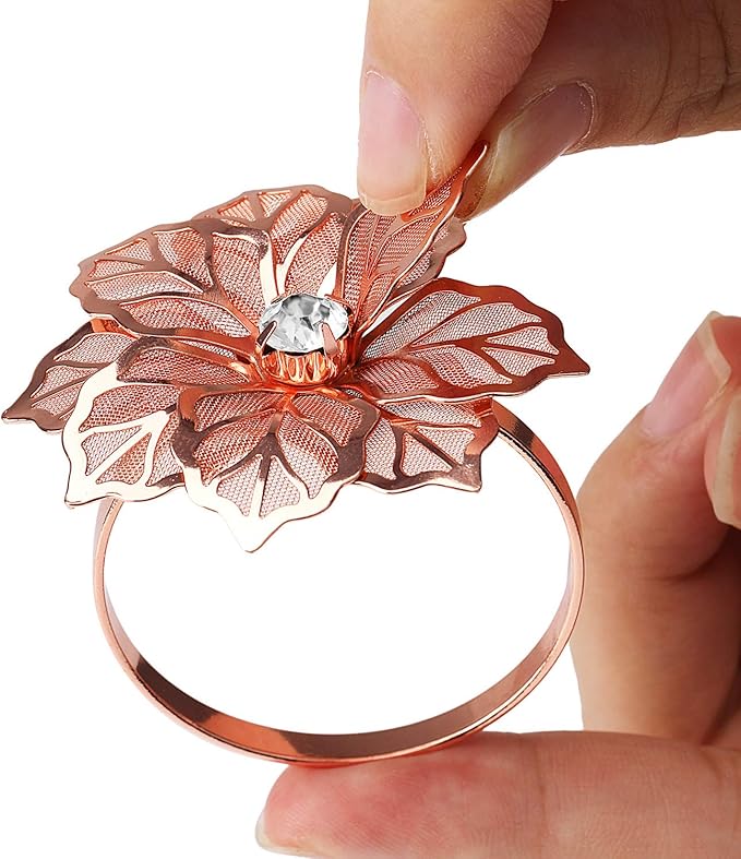 KPOSIYA Hollow Out Flower Napkin Ring Holder Metal Napkin Rings Set of 20 for Wedding Party Holiday Banquet Christmas Dinner Delicate Serviette Buckles Decor Favor (20, Flower-Rose Gold)