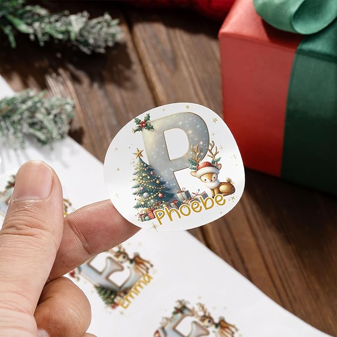 CALLIE Personalized Christmas Gift Tags with Initial and Name, Golden Reindeer Waterproof Label Stickers for Wrapping Paper Presents, Christmas Decorations Gift for Family Friend