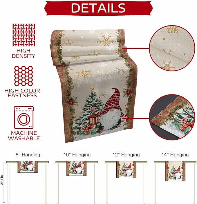 Christmas Gnomes Cotton Linen Table Runner for Dining Kitchen, Xmas Pine Tree Snowflake Rustic Wedding Outdoor Party Tablerunners Decoration, Retro Wood Dresser Scarf Tablecloth Runners 13x36 Inches