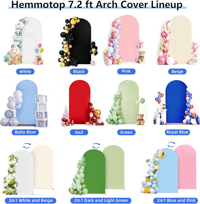 Hemmotop 7.2 ft Arch Backdrop Cover (One Piece Double Color), White and Light Beige Spandex Arch Stand Covers, Fabric Stretchy Background for Balloon Arches, Wedding, Birthday Party, Baby Shower