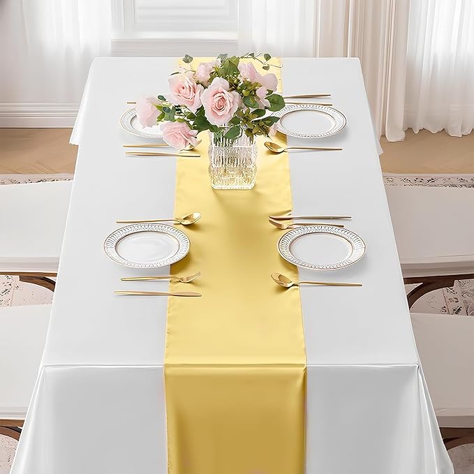 SHEJIZE 20 Pack Light Gold Satin Table Runner 12x108 Inches Long, Bright Silky Smooth Satin Table Runner Table Decor for Wedding Banquet Christmas Prom Event Birthday Party