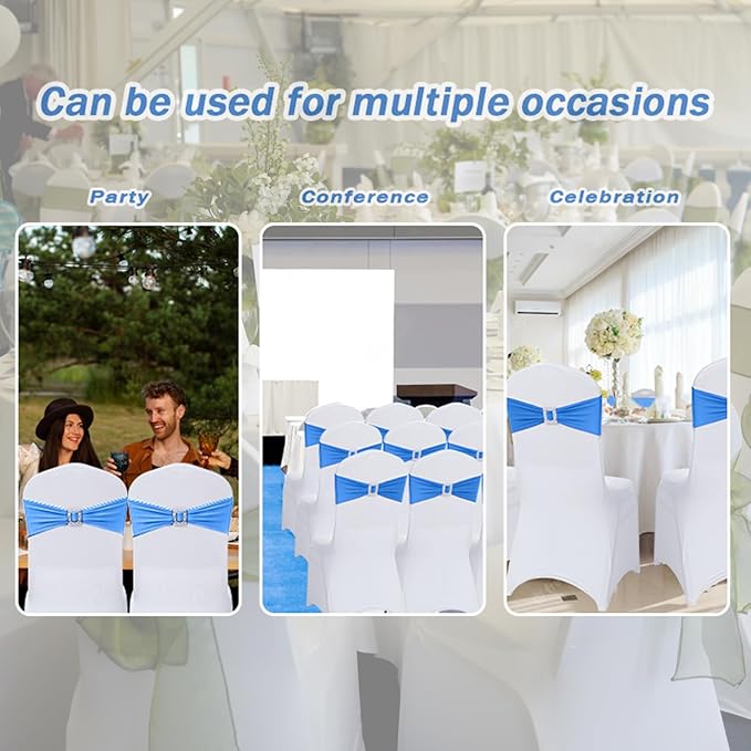 Joccun 120 PCS Spandex Chair Sashes Bows Stretch Chair Cover Band with Buckle Slider Universal Elastic Chair Ties for Wedding Banquet Party Event Decoration (Royal Blue)