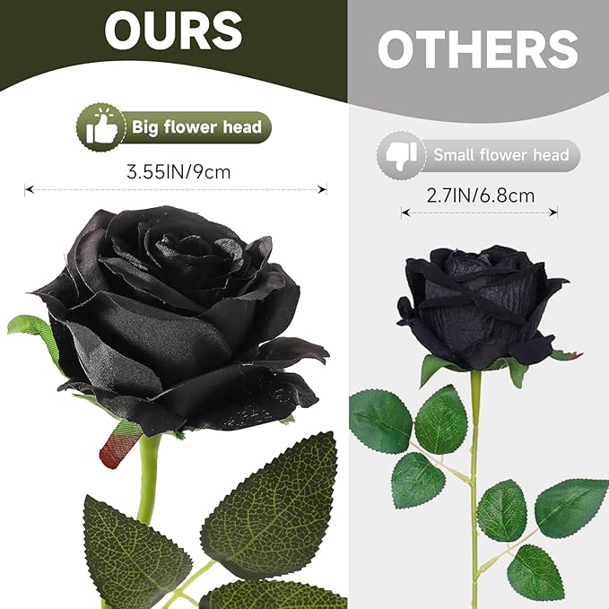 Tifuly Black Roses Artificial Flowers -12 pcs Realistic Single Long Stem Fake Silk Roses Bouquet for Party Home Wedding Centerpiece Office Halloween DIY Decor