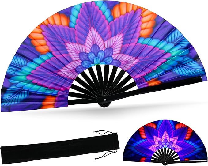 SYNTECSO Folding Hand Fan for Rave, UV Glow Fan, Large Bamboo Fan for Drag Queen, Women and Men Gift,Chinese Japanese Clack Fan for Parties, Music Festivals, EDM and Decoration