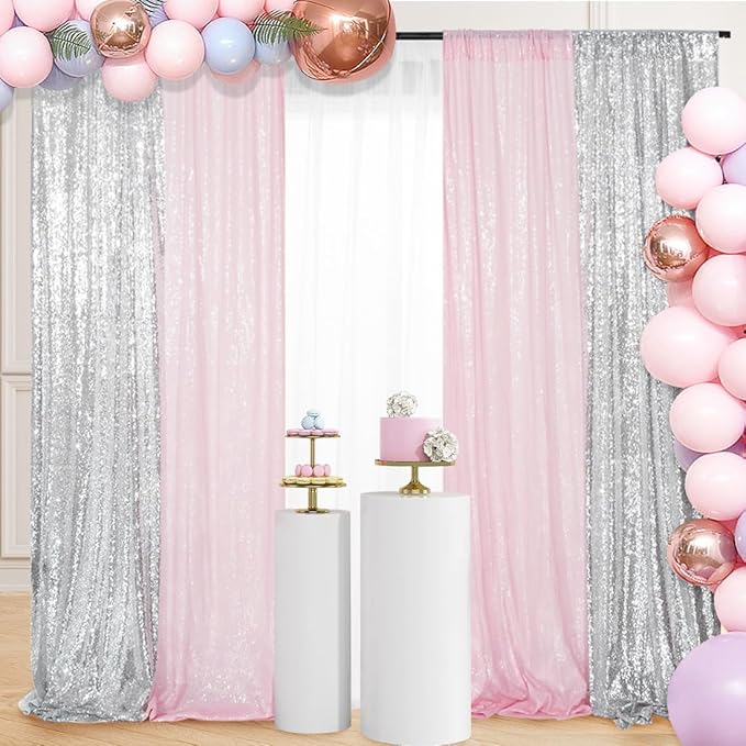 Juya Delight 4 Panels Silver&Pink Sequin Backdrop Curtain 2FTx8FT Glitter Sequin Backdrop Curtains for Birthday Party Wedding Decoration