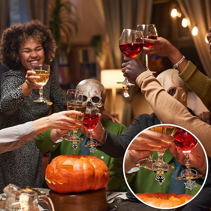Inbagi 24 Pcs Halloween Wine Glass Charms Halloween Enamel Wine Charms Pendant Pumpkin Witch Hat Broomstick Mummy Castle Glass Markers Drink Identifier for Stem Halloweens Birthday Party Supply