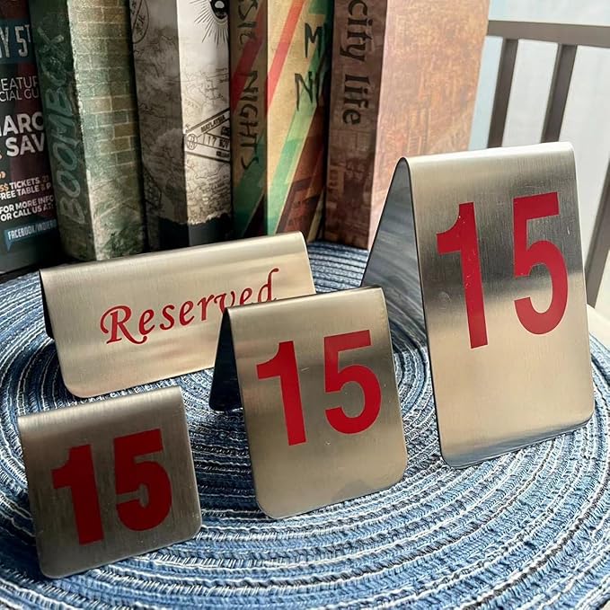 10 Pcs Metal Place Cards Stackable Tent Style Table Numbers,Place Card Holders for Celebration Wedding Party Restaurants Cafes Bars Gatherings meeting Room Board Game Serial (Small 41-50, Red)