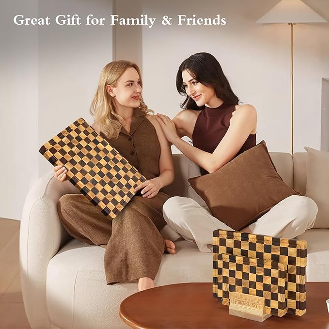 Checkered Cutting Boards for Kitchen, Wood Cutting Board Sets, Walnut Rubber & Wooden Chopping Boards with Anti-Slip Base and Guide Groove, Chessboard Carving Used for Cutting Vegetables Fruits & Meat