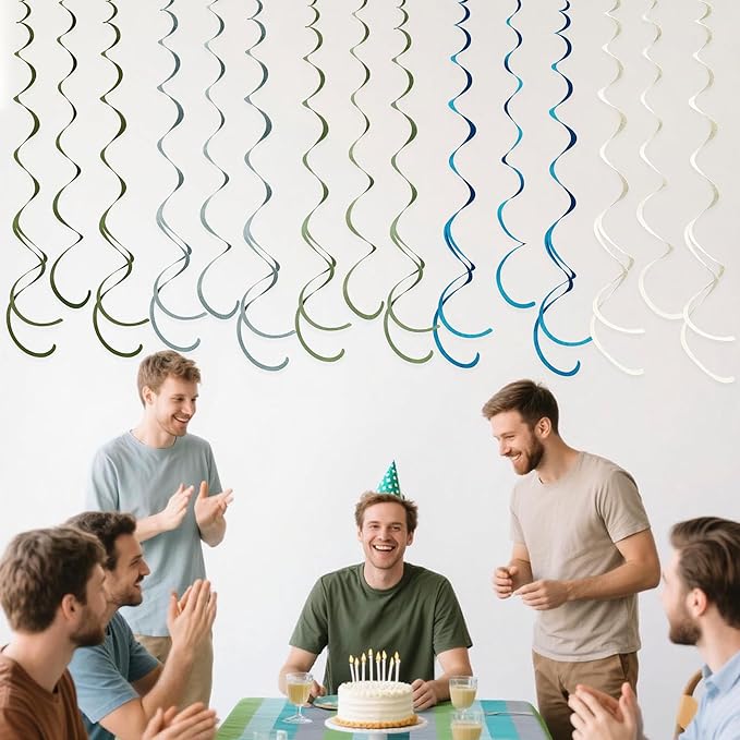 36 Pcs Sage Green Dusty Blue Hanging Swirl Decorations Blue Sage Green Felt Swirl Streamer Spiral Ceiling Garland for Baby Shower Birthday Retirement Wedding Safari Silly Goose Theme Party Supplies