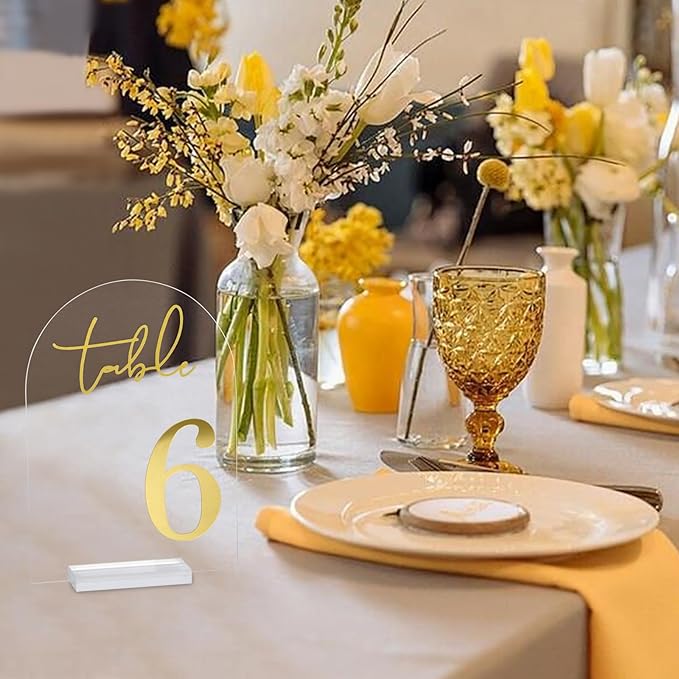 Wedding Table Numbers 1-20 with Holders, 5 x 7 Inch Transparent Acrylic Reception Table Signs Golden Letters, Number Cards for Party, Restaurant