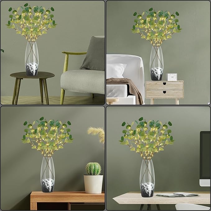 Lighted Artificial Eucalyptus Branches with Timer, Light Up Eucalyptus Branches 33in 99 Led, Battery Powered Vase Lights, Greenery Plant for Home Christmas Party Wedding Decor Indoor Outdoor