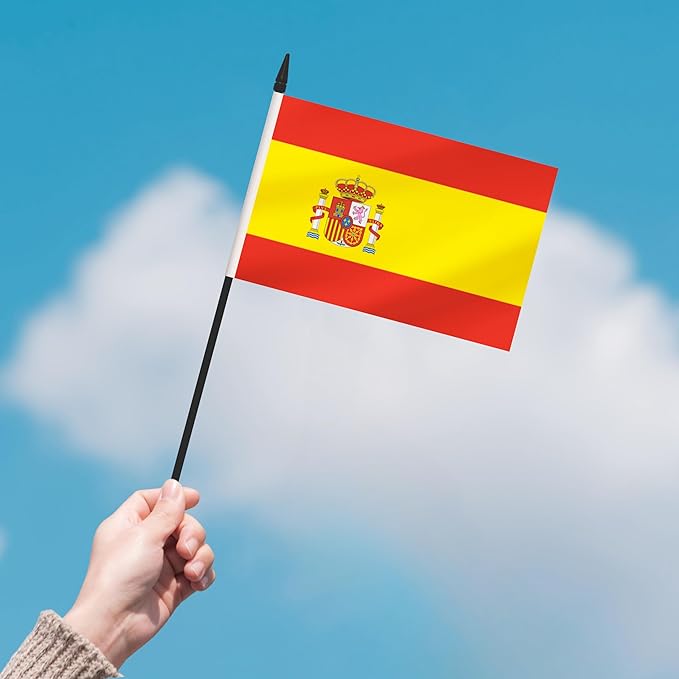 12 Pack Spain Desk Flags, Spanish Desktop Flag, Small Miniature Office Flags with 12" Black Pole and Black Base, Offices, Classroom, Home, Festival Decoration (Spain)