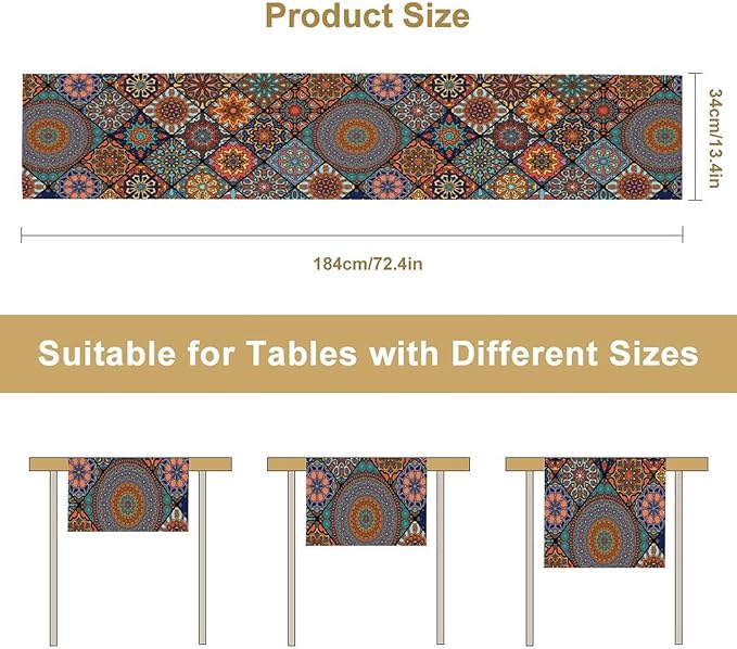 Bohemian Table Runner, Colorful Vintage Indian Mandala Floral Table Runners for Kitchen Dining Coffee Table Indoor Outdoor Party Decor, 13x108inch