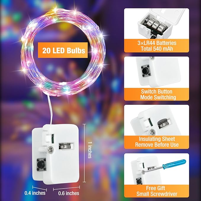 6 Pack Fairy Lights Battery Operated - 7ft 20 Led Twinkle Lights 3 Modes, Multi-Colored Bulk Mini String Lights Waterproof for Mason Jars Vases DIY Party Wedding Decoration Christmas