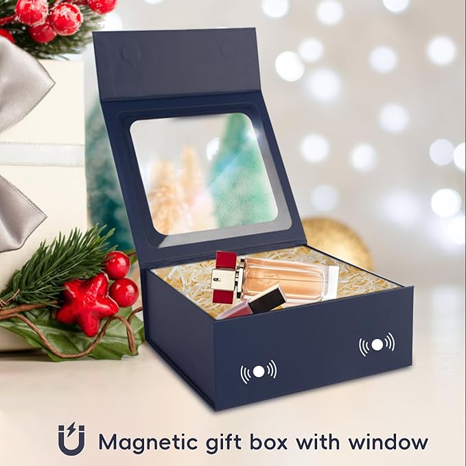 TIACABO Blue Gift Box with Window,7.5"x7.5"x3.1" Bridesmaid Boxe for Gifts Giving,Birthday Gift Boxes with Magnetic,Closure Lid Gifts Boxes for Presents,Cute Box,Luxury for Gift Packaging