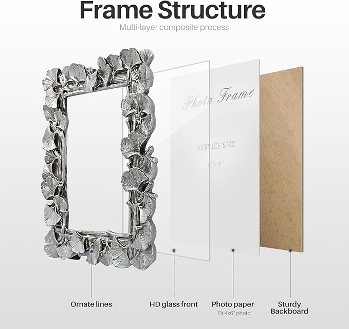 Cuspin 4x6 Silver Picture Frame, Vintage Silver Ornate Leaf Textured Hand-Crafted Resin with Glass Front Antique Photo Frame for Tabletop Display, Retro Design Home Decor