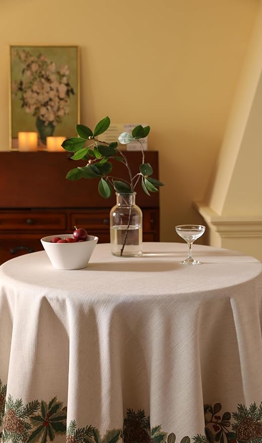 ISAENNE Designer Christmas Linen Round Tablecloth,Light Beige Western Elegant Table Cloth,Wrinkle Resistant Decor Tablecloths for Dining Thanksgiving Kitchen Christmas,Diameter 67"-Carol G
