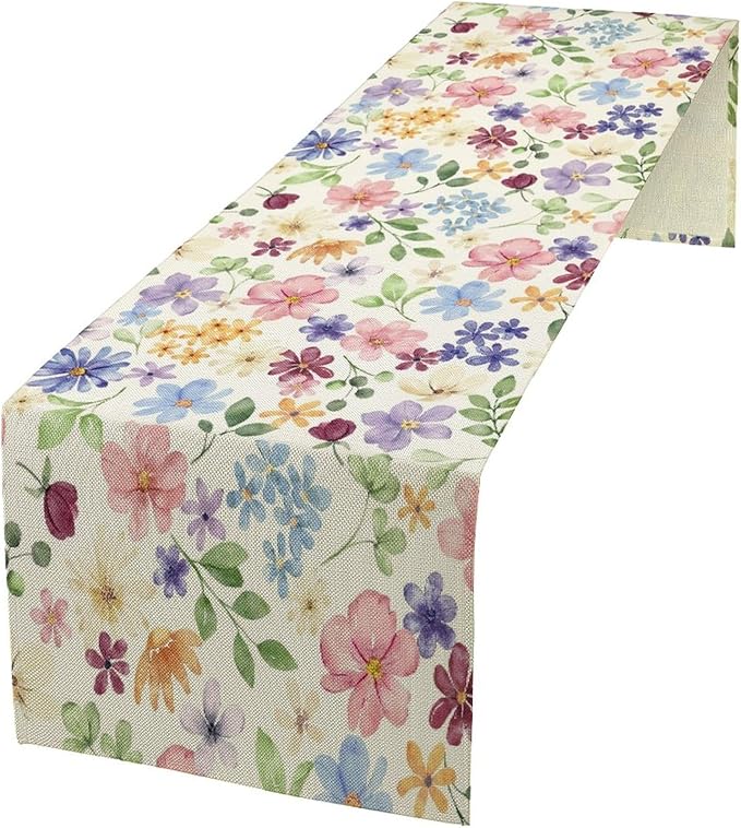 Floral Decorative Table Runner, Watercolor Floral Botanical Rustic Modern Style Pattern Printed Long Table Runner for Restaurant Kitchen Party,13in(33cm) W * 120in(305cm) L